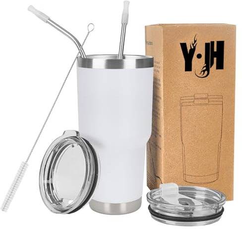 Y·J&H 30oz (850ml) Travel Tumbler Double Wall Vacuum Insulated Coffee Mug Stainless Steel Coffee Cup with 2 Splash Proof Lid, 2 Straws & Free Cleaning Brush, BPA Free - White