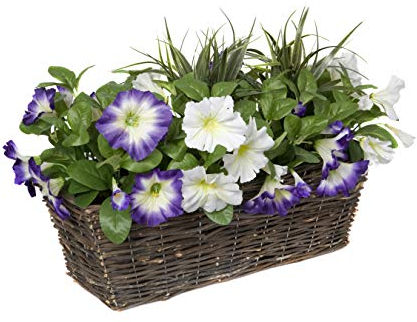 Artificial Rattan Window Box with Purple & White Petunias & Green Grasses & Foliage