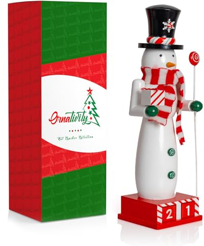 Ornativity Compte à rebours bonhomme de neige de Noël – Bonhomme de neige en bois Casse-noisette avec calendrier de l'Avent compte à rebours jusqu'à la base de Noël sur le thème de Noël – Figurine de