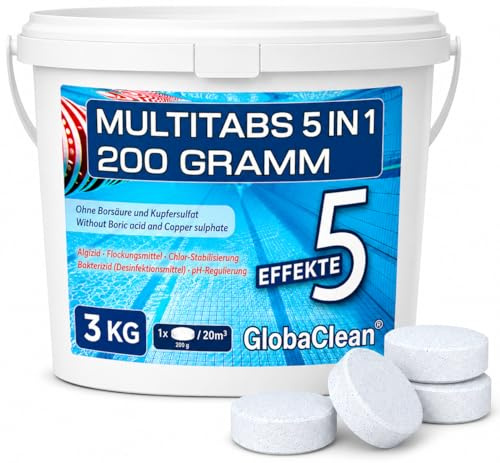 GlobaClean Multitabs für Pool 5 in 1 – 3kg (15 Tabs) – Chlortabletten für Pool 200g – Profi-Qualität Borsäurefrei – Made in Europe - Für kristallklares Poolwasser