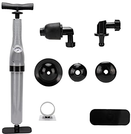 Hapivida Stantuffo del WC Pistola di Scarico Stantuffo 9 in 1 Kit Stantuffo a Pressione d'Aria Strumento per Dragare la Fogna per Capelli Immondizia Verdura(Grigio)