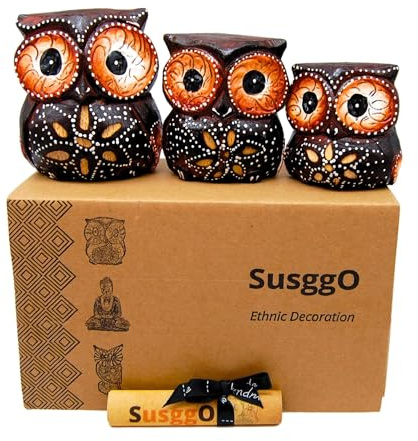 SusggO Set 3 Buhos de Madera Tallados a Mano Figuras Decorativas Artesanales Home Decoration Decoracion Buho de la Suerte Decoracion Habitacion Decoracion Hogar (Marron Chocolate Flor MCF)