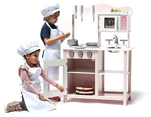 toys Cucina di legno per bambini con accessori - Rosa - Cucina in legno giocattolo per bambini e bambine con elettrodomestici in legno e utensili di cucina