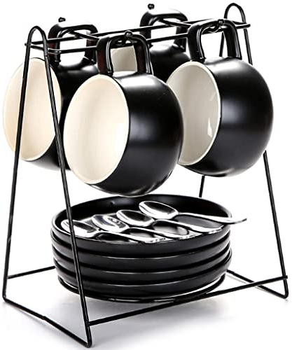 Tazas De Cafe Originales Tazas De Expreso con Platillos Y Cuchara, Juegos De Soportes para Tazas De Té Apilables, Tazas De Capuchino De 8.2 Onzas, Café con Leche, Té