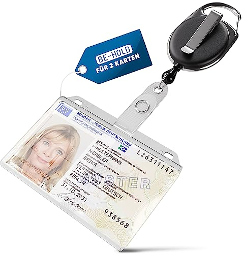BE-HOLD Ausweishülle Hartplastik für 1 bis 2 Karten und Ausweis JoJo mit reißfester Schnur, Karabiner und Gürtelclip zur Befestigung