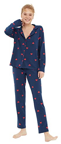 Trendyol Dam hjärta mitten stickad skjorta byxor pyjamas set, marinblå, S