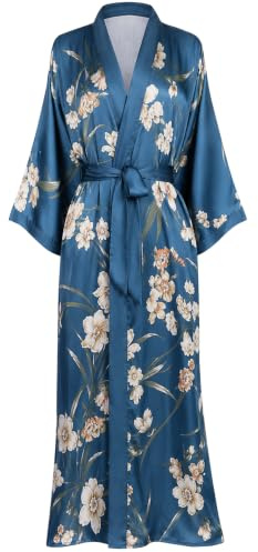 Aensso Long Soft Lightweight Silky Kimonos Robes for Women, Luxury Japanese Floral Womens Kimono Robe (Indigo)