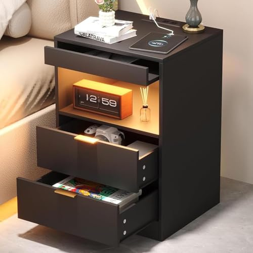 Yusong Night Stand, Bedside Table, LED Nightstand with Charging Station, Modern Night Stand, Wood Sofa Couch End Side Table with 2 Pull-Out Shelf (Black 001)