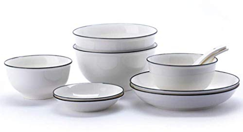Service de Table, 10 pièces Bords Blancs et Noirs Service de Vaisselle Bols à céréales en céramique Assiettes cuillères et soucoupes Service pour 2 Personnes
