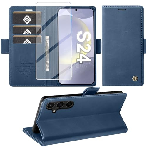 Giyer Handyhülle für Samsung Galaxy S24 5G Hülle mit Schutzfolie, Schutzhülle Galaxy S24 5G PU Leder Wallet Flip Case Standfunktion Kartenfach Klapphülle für Samsung S24 Full Cover (Blau)
