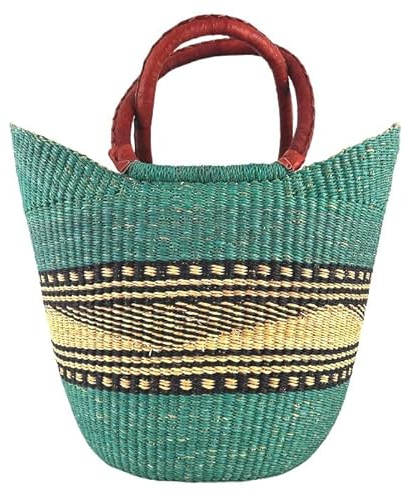 Bolga Tasche XXL - Das Original aus Ghana - Bunt - Fair Trade - Oval - Viele Farben - Afrikanische Korbtasche mit Ledergriff - Flechttasche 40-45 cm - Einkaustasche mit Wunschdesign (Agogo)