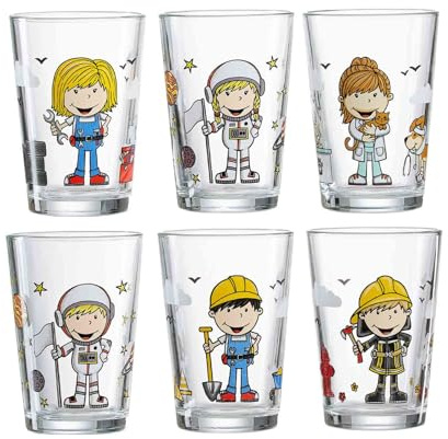 Ritzenhoff & Breker Kindergläser, 6er Set, 205 ml, Bedruckte Kinderbecher mit Motiven Astronaut, Bauarbeiter, Feuerwehrmann, Astronautin, Tierärztin, Mechanikerin, Spülmaschinengeeignet