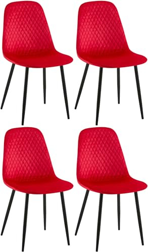 CLP 4er Set Esszimmerstuhl gepolstert Giverny, Stoffstuhl mit Ziernähten und Bodenschonern, Sessel belastbar bis 150 kg Farbe rot Material Samt