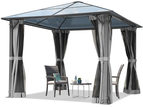 TOOLPORT Garden gazebo 3x3 m polycarbonate roof approx. 6 mm - hardtop pavilion with 4 sides & mosquito nets in grey