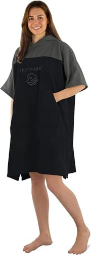 normani Erwachsenen Frottee Badeponcho aus Bio-Baumwolle für Herren und Damen - Strand Umziehhilfe Baumwoll Badehandtuch Surfer Poncho Farbe Schwarz/Grau Größe 150-173 cm