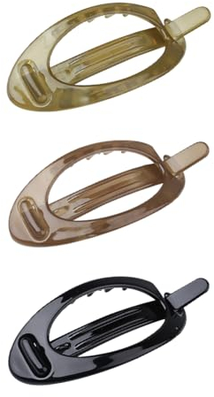 Lot de 3 grandes pinces à cheveux ovales - Pinces à cheveux françaises unies - Pinces à cheveux plates - Maintien solide - Sans métal - Pour femmes et filles - Noir, marron, vert