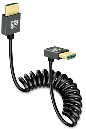 GELRHONR Short Coiled HDTV Cable 8k, Thin HDTV Male to Male Extension Spring Flexible Cord 48Gbps Support 3D 8K@60Hz for On-Camera Monitors,TV,PS5, Xbox Series X/S(Straight) (Up Angle)