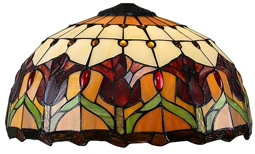 WTTWW 16 Inch Lamp Shade Replacement, Only Tiffany Stained Glass Lamp Chimney, Tulip Design, Red Purple Floral Fit for Table Lamp, Pendant Light, Floor Lamp,Orange