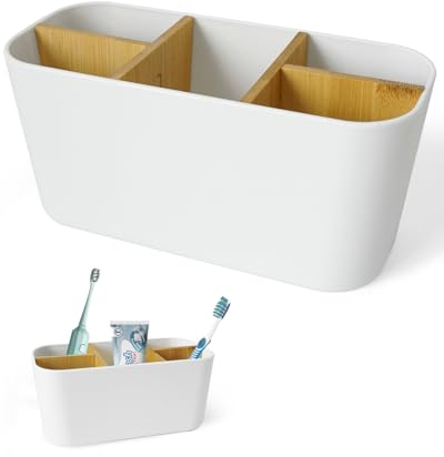 ZephyrCraft Porta Spazzolini Bagno in Bambù, Porta Spazzolini Bagno Multifunzione a 5 Scomparti, Organizer Scrivania Multifunzione Perfetto per Spazzolini Elettrici e Dentifricio