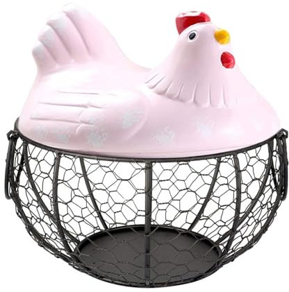 Eierkorb Zum Sammeln Eieraufbewahrungskorb, Keramik-Hühnerform-Draht-Eierkorb, Niedlicher Eierhalter-Organizer Mit Deckel Eierkörbchen(Pink)