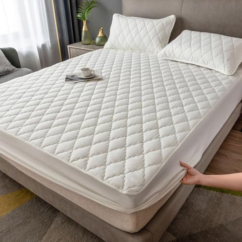 Highdi Spannbettlaken Wasserdichtes, Warm Winter Spannbetttücher Auslaufsicheres TPU Spannbetttuch, Weiche Spannleintuch Bettlaken für Hohe Matratze Steghöhe 25-30cm (200x220cm,Creme Weiß)