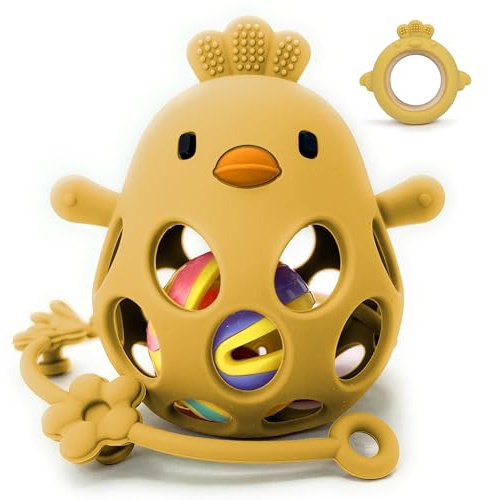 MÜVI - Mordedor bebé sensorial con sonajero y cadena, Mordedor de dentición +3 meses, Silicona alimentaria, suave y sin BPA, Fácil de agarrar y morder, Alivio para encías - Teether (Pack Mango)