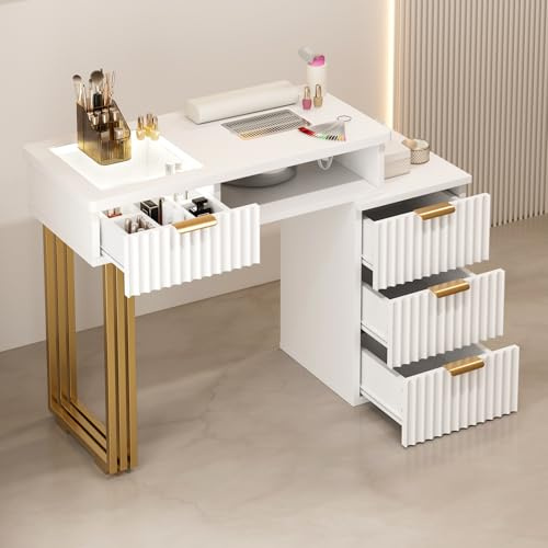 Paddie Manicure Table for Nail Tech with Dust Collector, Nail Desk Station w/4 Drawers & LED Lights, Acetone Resistant Beauty Salon Workstation w/Wrist Cushion, Golden Leg (White)