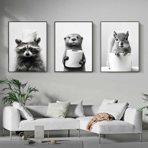 3 Affiche Animaux Toilette Noir et Blanc 30x40cm Tableau Salle de Bain Animaux Poster Mural Drole Impression sur Toile Humour Photo Sauvages Image Animal Toilette Toile Deco Murale Moderne