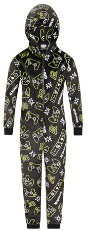 ThePyjamaFactory Pyjama en polaire tout-en-un pour garçon avec manette de jeu vidéo, Noir , 15-16 ans