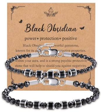 JSDDE 2er Obsidian Partnerarmbänder Set - Edelstein Heilsteine Perlenarmband für Pärchen - Freundschaftsarmband Glücksbringer Schmuck für Damen Herren