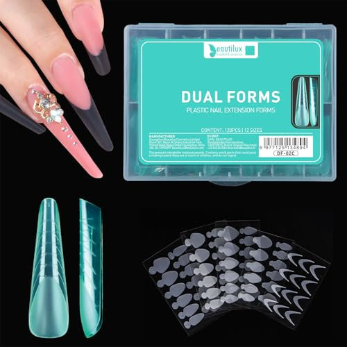 Beautilux 120 Pièces Formes d'Ongles Doubles pour Acrygel Ongle, 12 Tailles, PMMA Dual Nails Form avec 60 Film à Ongles Autocollants pour Acrygel (DF-02C)