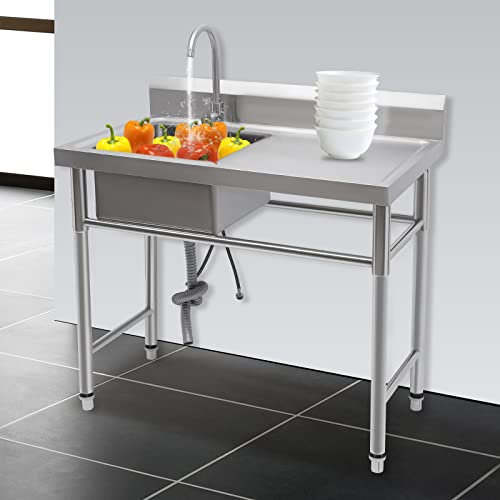 Lavello da cucina in acciaio inox 201, autoportante, con rubinetto e filtro di scarico per interni ed esterni, 100 x 60 x 93 cm, colore: argento