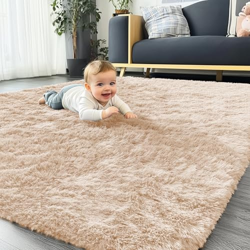 Homaxy Tappeto a pelo lungo, morbido, con fondo antiscivolo, lavabile, per il soggiorno, la cameretta dei bambini, la camera da letto - 120 x 160 cm, Beige