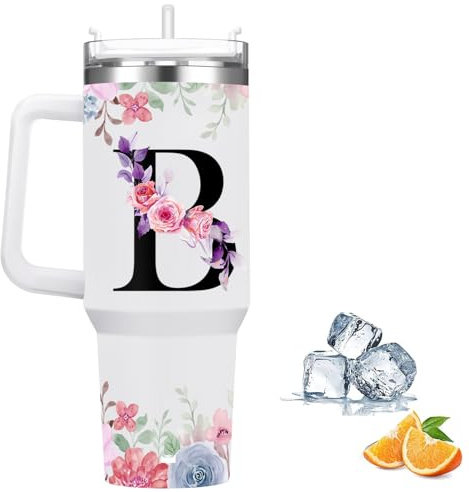 Botella Agua Termica Personalizada, Cool Bottles de Acero Inoxidable de 1.2 Litros, Termo Cafe para llevar con tapa y pajita, Copo Termico sin BPA, Letras de Moda, Regalos Originales para Mujer (B)
