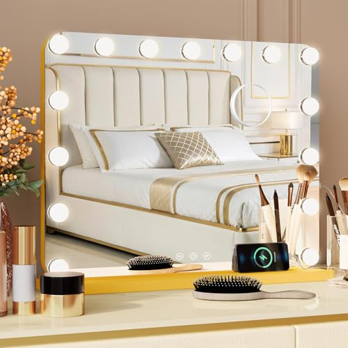 MAMIZO Gold Hollywood Spiegel 50x40 cm, Schminkspiegel mit Beleuchtung, 15 LED-Licht, 3 Lichtfarben, Enstellbare Helligkeit, mit USB und 10x Lupe, Spiegel mit Licht, Wandspiegel, Makeup Mirror