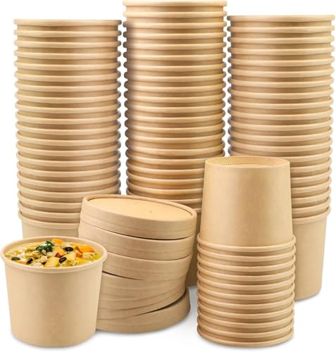 VIVAAS 25 X 12oz Disposable Soup Containers with Lids Paper Bowl Brown Kraft Takeaway Paper Soup Cups Takeaway Tubs for Hot or Cold Food Ice Cream, Dessert, Sundae, Frozen Yogurt, Deli Containers