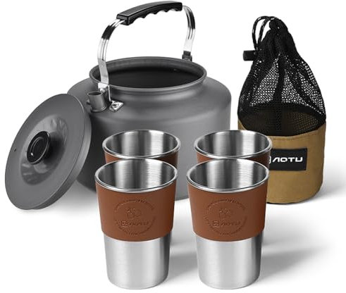 Tissting Set di bollitore da campeggio, bollitore 2L con 4 tazze in acciaio inossidabile da 360 ml impilabili, maniglia anti -scolsa, coperture di silicone rimovibili, borsa in rete ideale