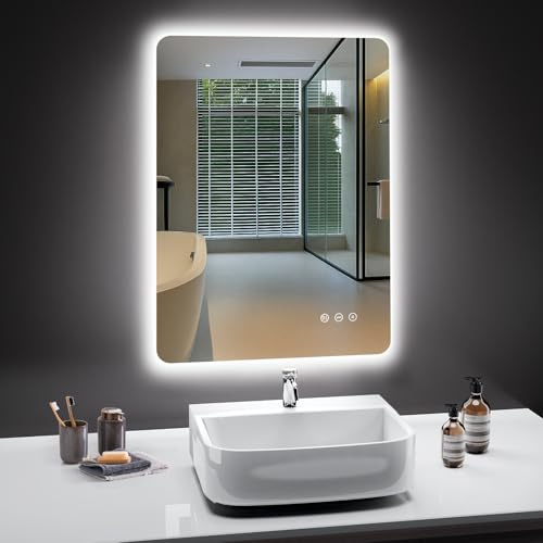 PESENXAN Miroir de salle de bain avec éclairage, anti-buée, 3 couleurs de lumière, intensité variable, fonction mémoire, interrupteur tactile, IP44, étanche, miroir mural LED, 50 x 70 cm