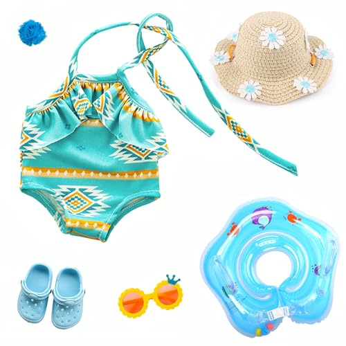 WanderGo Schwimmset für Puppen, 6 Stück Puppenkleidung Blau Sommer Badeanzug Puppen Set mit Hut Schwimmring Schuhe Haarklammer Brille für 35-45 cm Schwimmpuppe（Ohne Puppe）