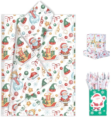 Larcenciel Seidenpapier Weihnachten, 60 Blatt Bunt Schneemänner Seidenpapier Verpackungsmaterial zum Basteln, Niedliche Weihnachtsmann Geschenkpapier für Füllmaterial, Neujahr, Party, DIY, 50x35 CM