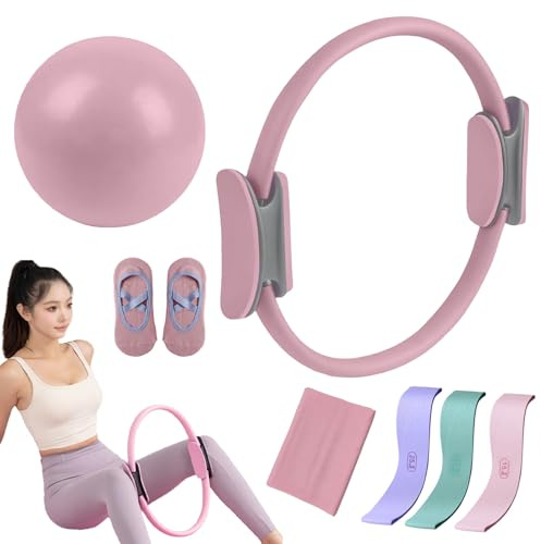 Pilates Essential Kit for Home Workouts - Portable Fitness Equipment with Toning Pilates Ring, Long Resistance Bands, Loop Bands, Soft Ball & Grip Socks for Women (Pink 5 Pcs Set)