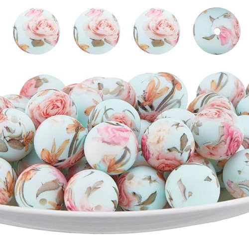 DICOSMETIC 50 Stück Blumenmuster Silikon Perlen Runde Fokalperlen Blumengummibeads 15mm Große Fokalperlen für Perlenschlüsselanhänger Lanyard Schmuckherstellung 2mm Loch