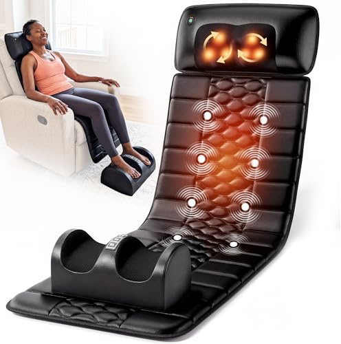 Himouta Massagematte Ganzkörper mit Shiatsu Nackenmassage & Fußmassagegerät | Vibrationsmassage mit Wärmefunktion für Rücken & Beine – Massageauflage für Bett, Sofa & Sessel, Schwarz