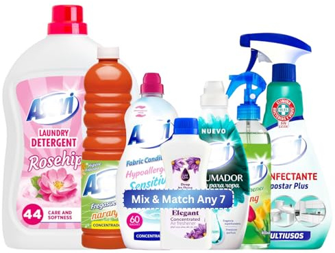 Mix & Match Any 7 Spanish Cleaning Products Bundle Floor Cleaner 1L, Fabric Softener 60 Washes, Laundry Detergent 44 Wash, Air Freshener, Scent Booster, Disinfectant & Drops