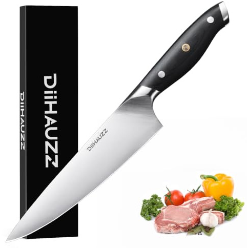 DiiHAUZZ Kochmesser, 20 cm Klingenlänge Küchenmesser, Profi Fleischmesser aus Rostfreiem Edelstahl 5Cr15MoV, Chefmesser mit Ergonomischer Pakkaholzgriff, Scharfes Messer, Geschenk für Vatertag