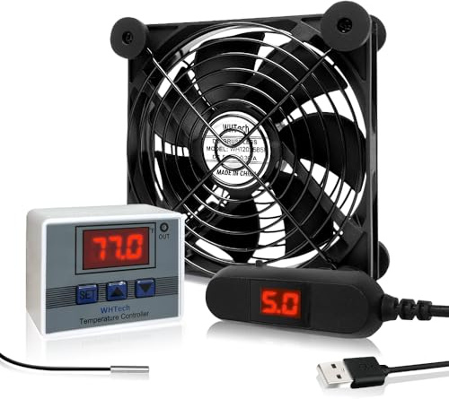 WHTech - Ventilador USB de 120 mm con controlador de temperatura y controlador de velocidad de pantalla de voltaje LED, 5 V CC 120 mm x 25 mm, para receptor DVR PlayStation Xbox, refrigeración de