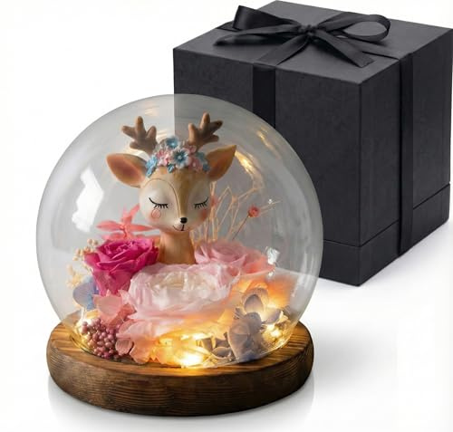 Elacolle Rose Éternelle sous Cloche avec Faon Cadeau Romantique pour Femme, Anniversaire, Fête des Mères, Mariage - Coffret Cadeau Luxe - Décoration Maison (1, Rose Rouge éternelle)