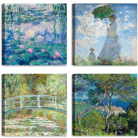 LuxHomeDecor Set di 4 quadri 30x30 cm – stampa su tela con telaio in legno stile impressionista con paesaggi, ninfee e figure femminili – Claude Monet
