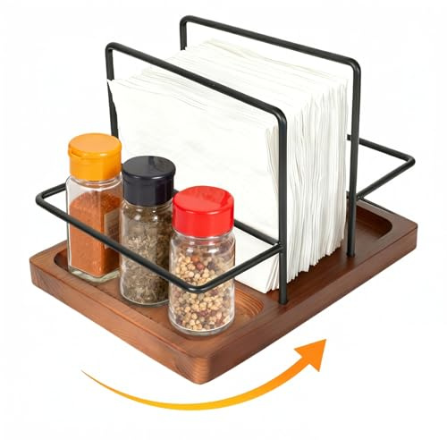 Alyxen Servilletero de Mesa, Giratorio Servilletero Vertical con Base de Madera, Dispensador de Servilletas con Caddy para Botellas de Especias, Soporte Servilletas Verticalde para Cocina Comedor