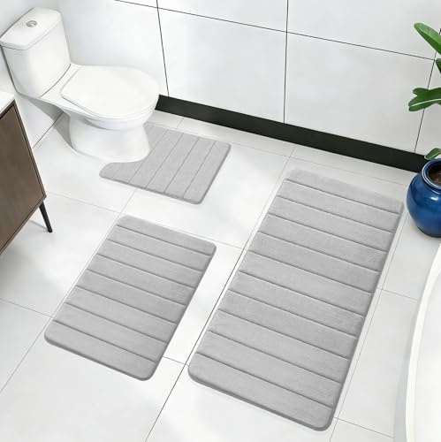 RANJIMA Badrumsmatta set 3 delar av minnesskum, badmatta och U-formad wc-matta, badrumsmatta halkfri, tvättbar badrumsmatta set för dusch, toalett och badkar, ljusgrå (U50 x 60 40 x 60 50 x 80 cm)